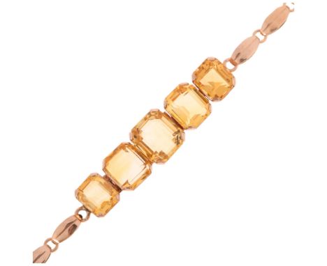 A Continental five stone citrine bracelet, set with graduated octagonal step-cut citrines, unmarked mount tests as 8ct gold, 