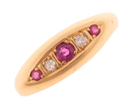 An Antique 18ct gold five stone ruby and diamond half hoop ring, indistinct hallmarks, setting height 6mm, size N, 1.8gAll st