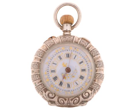 A Swiss silver open-face keyless fob watch, circa 1900, white enamel dial with Roman numeral hour markers, gilded and silvere