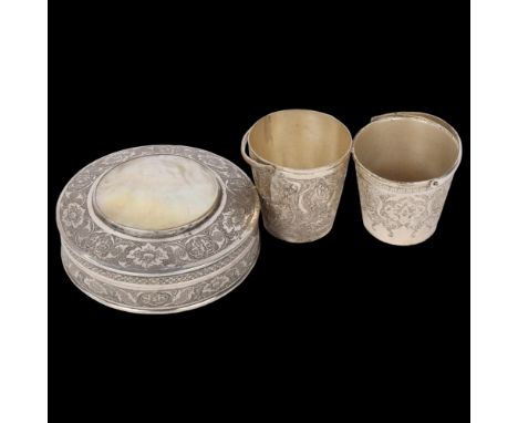 A group of Persian silver, including mother-of-pearl box and cover, and pair of swing-handled buckets, signed on bases, box d
