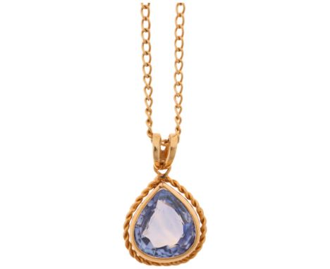 An 18ct gold single stone Ceylon sapphire drop pendant necklace, rub-over set with 2.15ct pear-cut sapphire, sapphire weight 