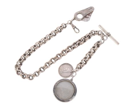 An Antique heavy silver belcher link Albert chain necklace, with silver cigar cutter fob, unmarked photo locket, etc, 36cm, 6