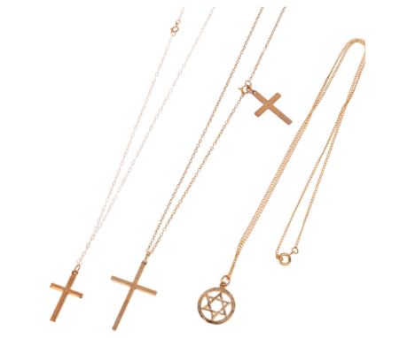 3 x 9ct gold pendant necklaces, including cross examples, largest 34.6mm, 8g totalNo damage or repair, no broken links