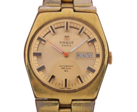 TISSOT - a gold plated stainless steel PR516 automatic calendar bracelet watch, ref. 46672-2X, circa 1970s, champagne dial wi
