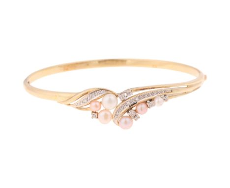 A 9ct gold cultured pearl and diamond hinged bangle, maker LD Ltd, import Sheffield 1988, setting height 14mm, internal circu