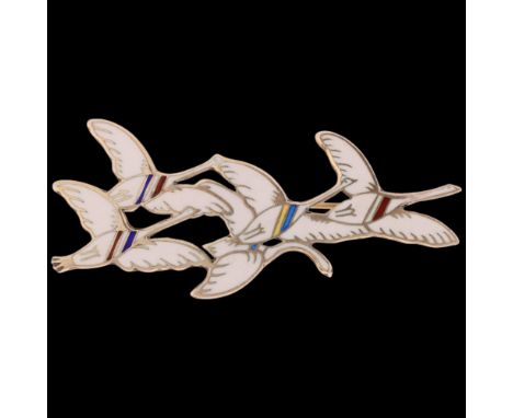 A DRAGSTED - a Danish modernist sterling silver-gilt enamel 'Flying Geese' brooch, 59.1mm, 9.5g1 small chip to right-hand goo