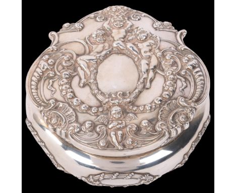 TIFFANY & CO - an American sterling silver dressing table box and cover, circa 1900, round bulbous form with relief embossed 
