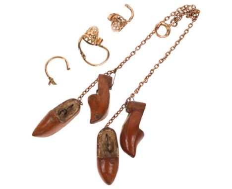 A pair of Antique French 18ct gold dormeuse pearl earrings, 14.4mm, 1.5g (1 A/F), and a Dutch 9ct gold clog charm fob, 3.8g g