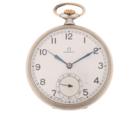OMEGA - a nickel open-face keyless pocket watch, white enamel dial with Arabic numerals, blued steel hands, subsidiary second