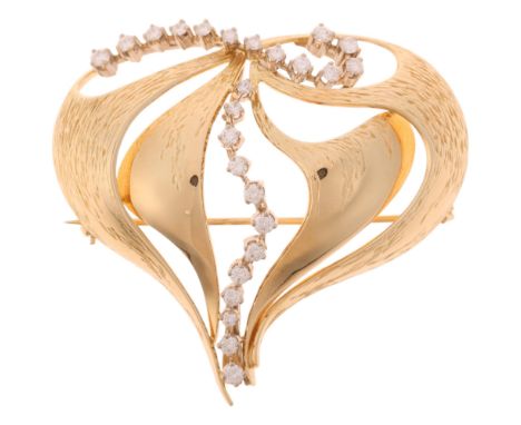 A large Norwegian modernist 14ct two-colour gold diamond 'Onion' brooch/pendant, stylised form with engraved textured decorat