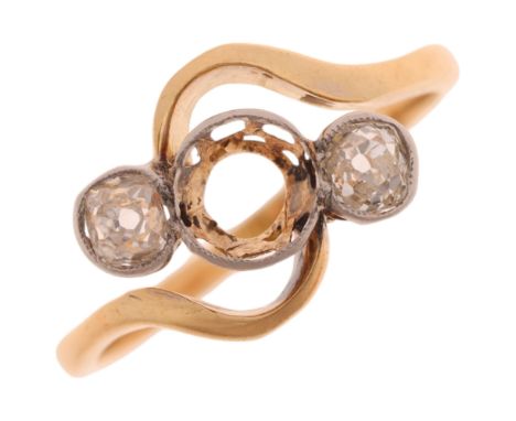 An 18ct gold three stone diamond crossover ring mount, millegrain set with 2 old-cut diamonds, central opening diameter appro