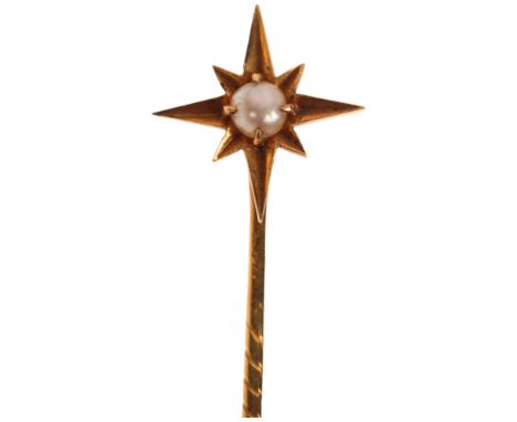 An Antique Victorian 18ct gold pearl starburst stickpin, circa 1860, modelled as an 8-ray star with 3.7mm pearl, unmarked mou