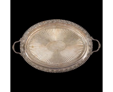 A late Victorian silver 2-handled tea tray, Roberts & Belk, Sheffield 1898, oval form with relief embossed fluted decoration 