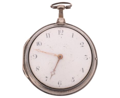 A late 18th century silver pair-cased open-face key-wind  verge pocket watch, by Charles Hall of Newcastle, white enamel dial