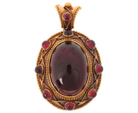 An Antique Victorian 15ct carbuncle garnet mourning locket pendant, circa 1860, set large oval cabochon foil-back garnet with