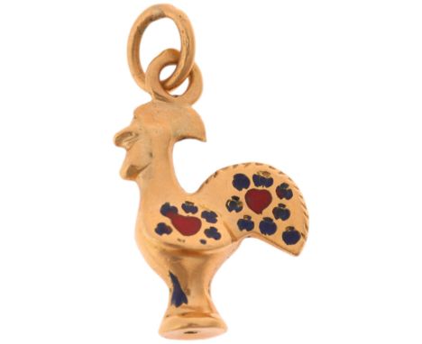 A Portuguese 800 gold (14ct) rooster charm/pendant, with enamel heart decoration, 15.6mm, 0.7gA few small chips to enamel, ot