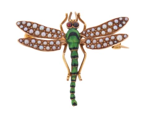 An Antique 14ct gold pearl garnet and enamel dragonfly brooch, circa 1910, realistically modelled with split pearl wings, rou