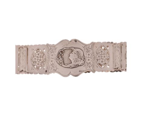 An Art  Nouveau Antique Edwardian silver panel belt, by Arthur Johnson Smith, Birmingham 1909, the central buckle with applie