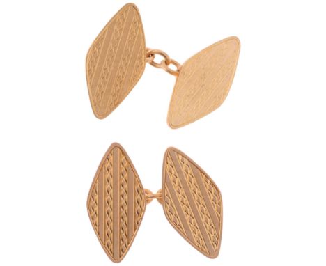 A pair of Art Deco 9ct rose gold lozenge cufflinks, maker SB&S Ltd, Birmingham 1922, engine turned decoration, 22.2mm, 7.8gNo