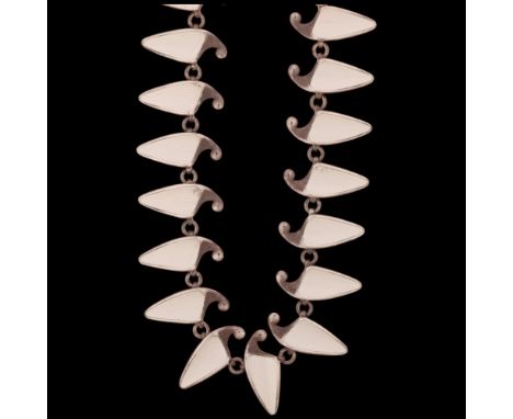 EINAR MODAHL - a Norwegian modernist sterling silver white enamel leaf panel necklace, 38.5cm, 32.5gNo damage or repair, no e