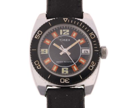 TIMEX - a Vintage stainless steel 'Skin Diver' mechanical calendar wristwatch, circa 1960s, black dial with luminous Arabic a