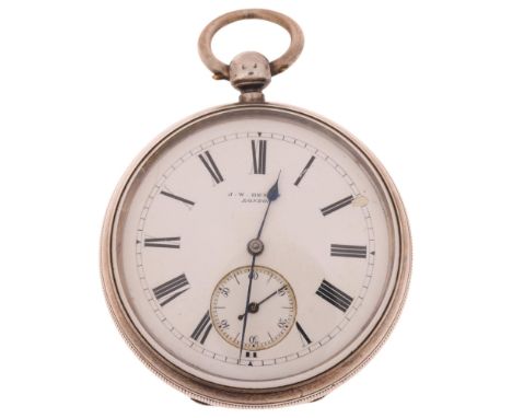 J W BENSON - a 19th century silver open-face key-wind pocket watch, white enamel dial with black Roman numeral hour markers, 