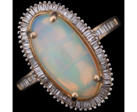 A 9ct gold opal and diamond oval cluster ring, set with oval cabochon opal surrounded by row of baguette-cut diamonds, settin