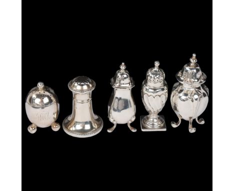 5 Antique silver pepperettes, including Thomas Bradbury & Sons, London 1884 egg example, largest 8.5cm, 5.4oz total (5)No dam