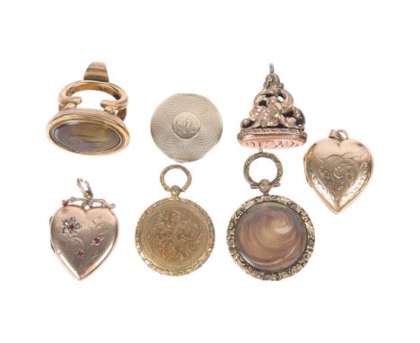 Various charms and fobs, including heart photo locket, Georgian hairwork locket, seal fobs, etc (6)Lot sold as seen unless sp
