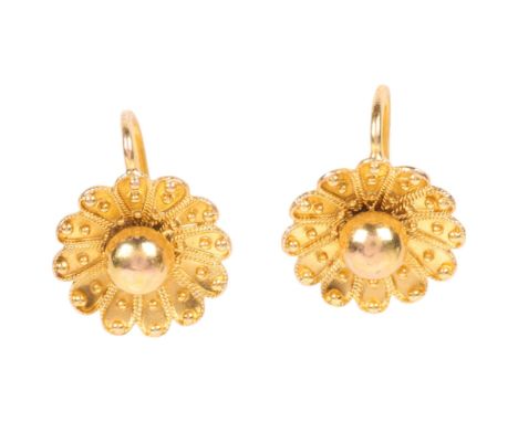 A pair of Antique Victorian Etruscan Revival 18ct gold flowerhead earrings, circa 1880, with bead and rope twist wirework dec