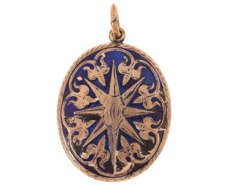 An Antique blue enamel hairwork locket pendant, 37.1mm, 9.6gOpal has been heavily chipped and overpainted, cartouche has engr