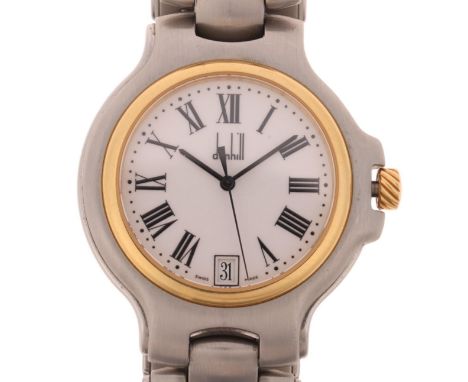 DUNHILL - a bi-metal Londinium quartz calendar bracelet watch, white dial with Roman numeral hour markers, pencil hands, swee