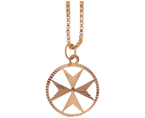 A Maltese 9ct rose gold Maltese Cross pendant necklace, on 9ct fine box link chain, pendant 21.3mm, chain 46cm, 7g, clasp A/F