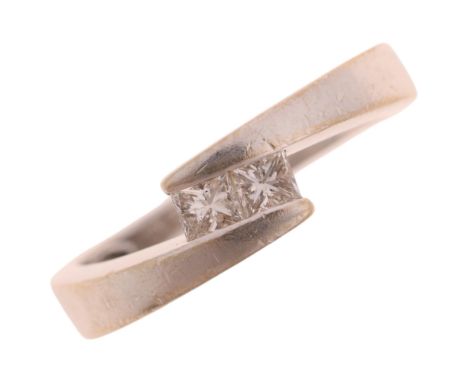 An 18ct white gold two stone diamond crossover ring, channel set with Princess-cut diamonds, total diamond content approx 0.2