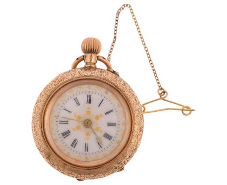 An Antique 14ct gold open-face keyless fob watch, white enamel dial with Roman numeral hour markers, gilt leaf decoration, sp
