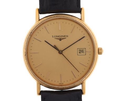 LONGINES - a gold plated stainless steel quartz calendar wristwatch, ref. L4.636.2, champagne dial with applied gilt baton ho