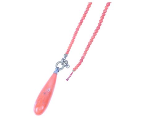 An Antique Victorian graduated coral bead necklace, with coral teardrop pendant, pendant 39.3mm, necklace 40cm, 12.8g (clasp 