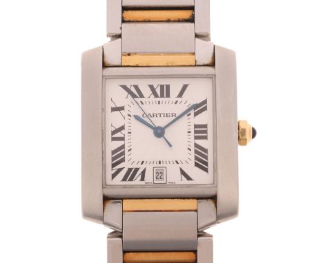 CARTIER - a bi-metal Tank Francaise automatic calendar bracelet watch, ref. 2302, silvered engine turned sunburst dial with b