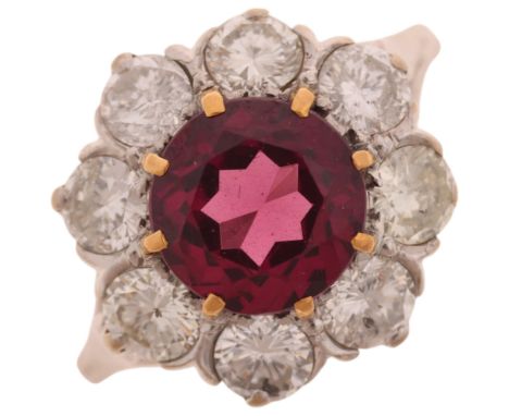 An 18ct white gold pyrope garnet and diamond flowerhead cluster ring, claw set with 2ct round-cut garnet surrounded by modern