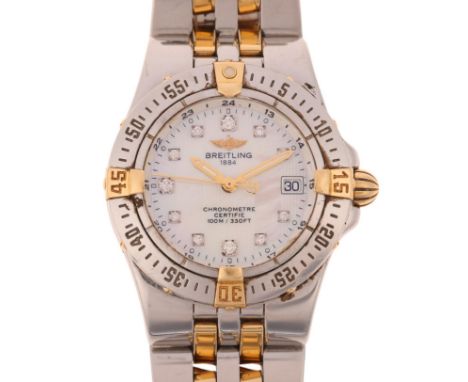 BREITLING - a lady's bi-metal Starliner quartz calendar bracelet watch, ref. B71340, mother-of-pearl dial with diamond hour m