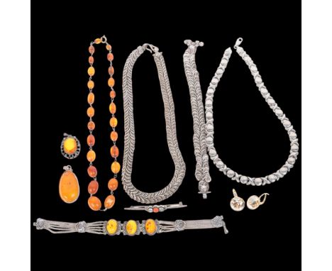 Various silver jewellery, including butterscotch amber bead necklace, 40cm, matching spiral link necklace and bracelet set, e