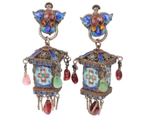 A pair of Chinese enamel gem set lantern drop earrings, unmarked, 62.7mm, 25.8g, boxedAll stones present, a few lower tassels