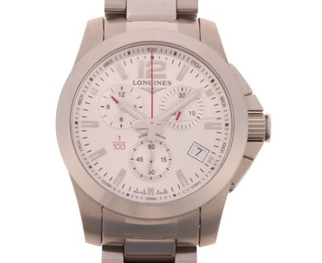 LONGINES - a stainless steel Conquest quartz chronograph calendar bracelet watch, ref. L3.700.4, circa 2018, silvered dial wi