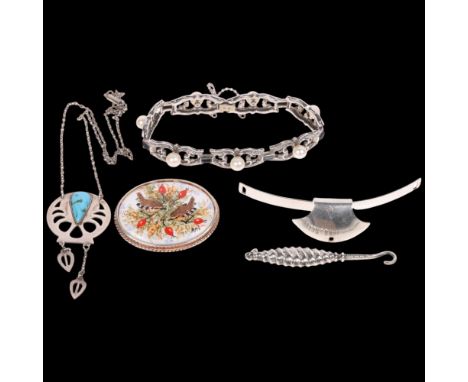 Various silver jewellery, including hand painted porcelain bird panel brooch, Niels Erik From Danish collar ornament, Art Nou