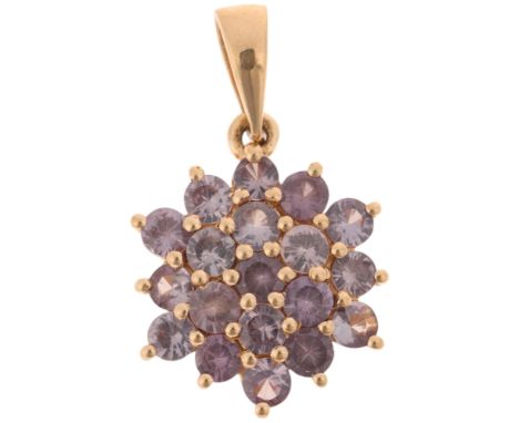 A 9ct gold alexandrite hexagonal cluster pendant, maker CR, Birmingham 2014, 21.3mm, 1.4gNo damage or repair, all stones pres