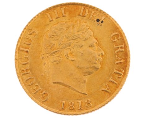 A George III 1818 gold half sovereign coin, Shield of The Royal Arms design on reverse, 19.4mm, 4gOnly extremely light wear t
