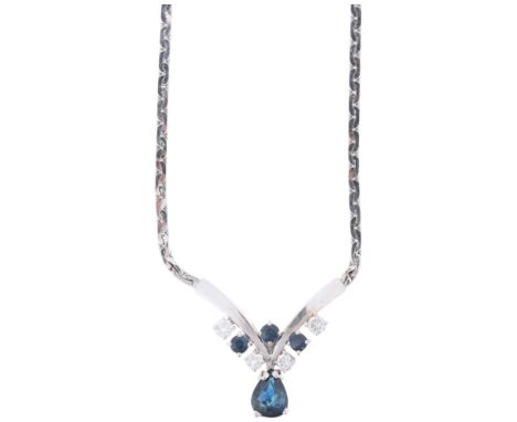 A modern 9ct white gold sapphire and diamond collar necklace, set with pear and round-cut sapphires with modern round brillia