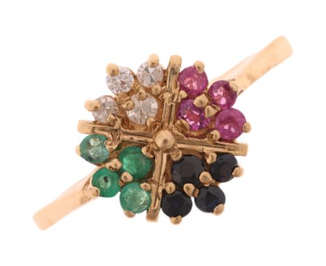 A 9ct gem set cluster ring, maker PMS, London 1991, gemstones include emerald sapphire ruby and diamond, setting height 11.2m