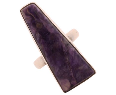 A modern sterling silver charoite dress ring, setting height 36.9mm, size R, 10.9gNo damage or repair, stamped 925