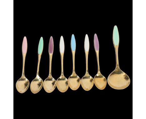 FRIGAST - a set of 8 Danish vermeil sterling silver harlequin enamel coffee spoons and matching preserve spoon, 11cm, 2.5oz g